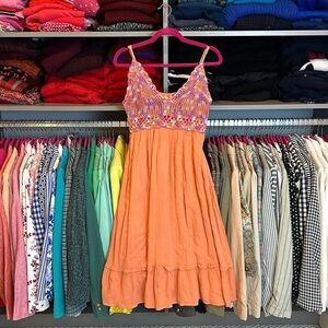 Indulge salmon/purple/white crocheted with spaghetti straps midi dress size L